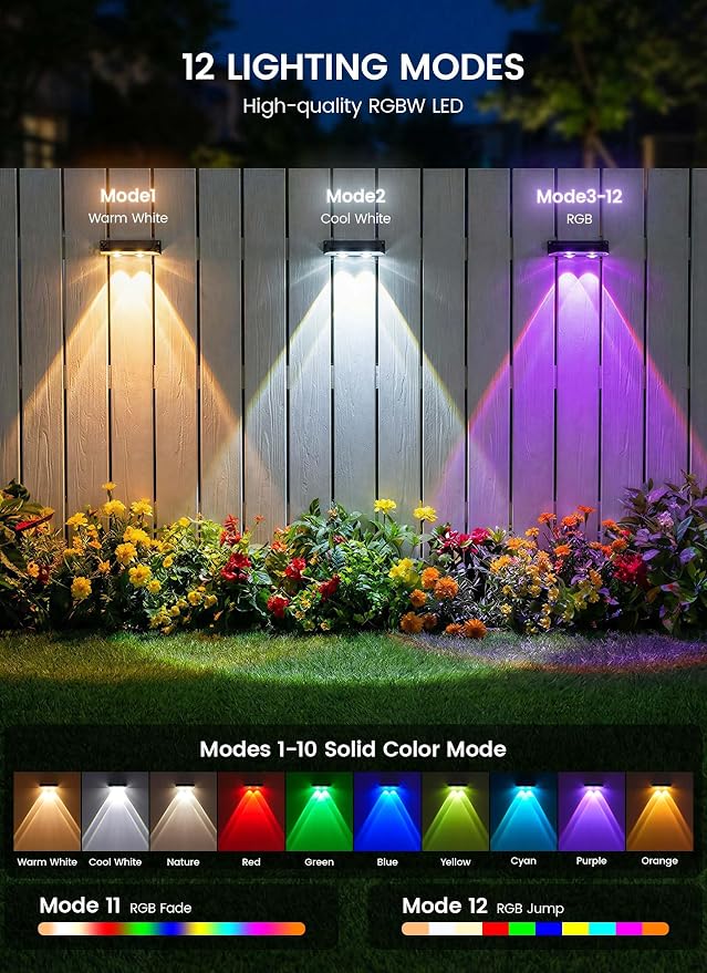 Brightown 8 Pack Solar Fence Lights Outdoor, 3000/4000/6000K RGB 11 Colors | 3 Modes Solar Powered Fence Lights, IP65 Solar Deck Step Flood for Outside Yard Patio Home Improvement Wall Railing