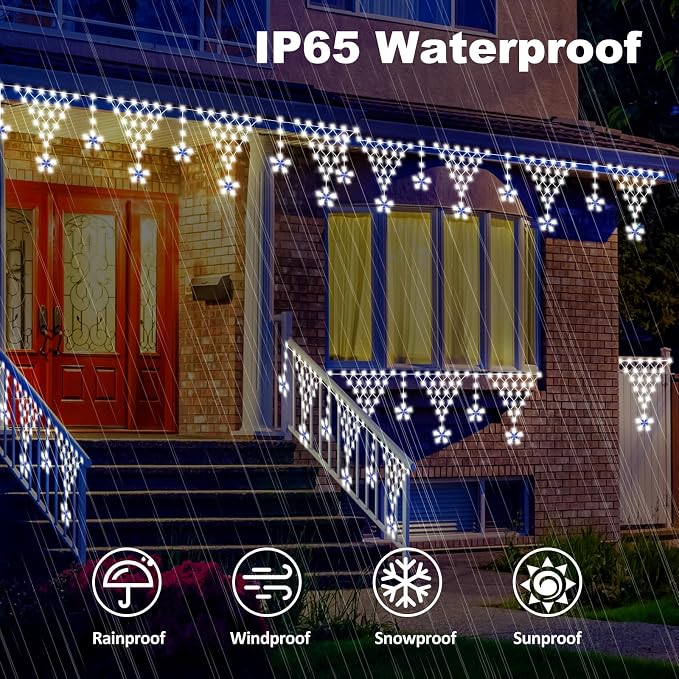 Christmas Lights Outdoor, 218 LED 13.8ft 8 Modes Curtain String Lights with 12 Drops Star, Plug-in Christmas Icicle Lights for Wedding, Party, Eaves, Xmas Yard Decorations - White