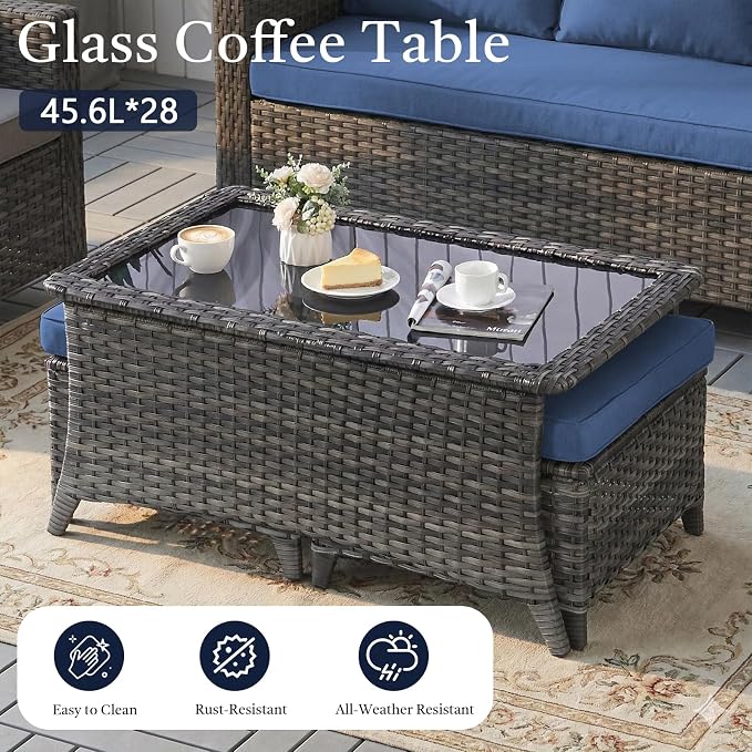 8 Piece High Back Wicker Patio Furniture Set - Patio Conversation Set with 4 Inch Thick Cushions and Deep Seating Swivel Glider Chairs Set of 4 & Outdoor Couch for Porch Deck Yard Pool