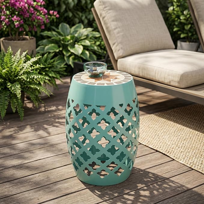 Light Turquoise 18" Patio Round Side Table, Ceramic Mosaic Tile Top Garden Stool with Decorative Lattice Design, Metal Outdoor End Table for Balcony, Porch, Yard, Plant Stand, 175lbs Capacity