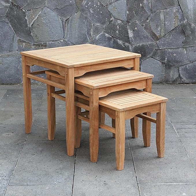 Cambridge Casual Arie Outdoor Nesting Side Tables Set of 3, Solid Indonesian Teak Wood Patio Accent Tables, Weather-Resistant Natural Finish for Garden, Porch, Balcony, or Poolside Use