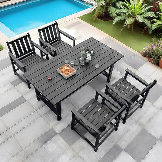 5-Piece Patio Dining Table Sets, All Weather Outdoor HDPE Dining Furniture Set with Umbrella Hole Table and 4 Chairs for Lawn, Garden, Poolside, Backyard, Black