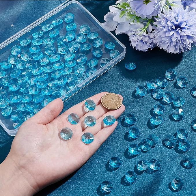 1 Box 120Pcs Light Blue 14mm Crystal Glass Octagon Beads Suncatcher Prism Beads Bulk 2 Hole Prism Chandelier Replacement Connector Faceted Spacers for DIY Lamp Hanging Pendant Jewelry Craft