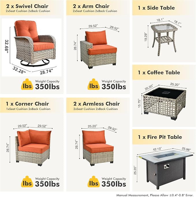 HOOOWOOO Sectional Patio Furniture Set with Fire Pit Table,10 Pieces Wicker Outdoor Furniture L Shaped Couch,Outside Conversation Set Extra Deep Seat Sofa Wide Arm Swivel Chairs Solar Table,Brick Red