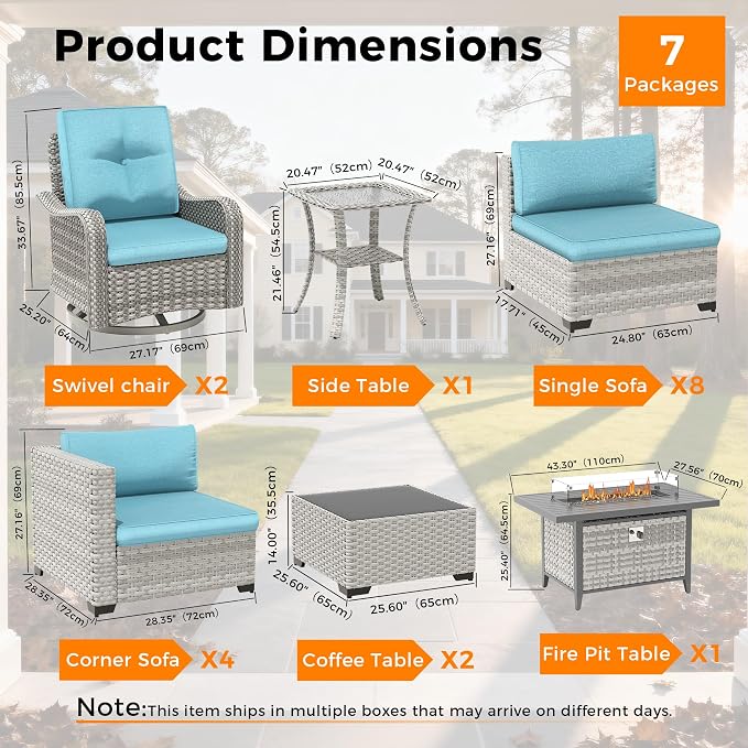 14-Seat Outdoor Wicker Patio Furniture Set with Fire Pit Table, Modular Rattan Sectional Sofa & 2 Swivel Rocking Chairs, 4" Thick Cushions, Rust-Resistant Frame,Blue