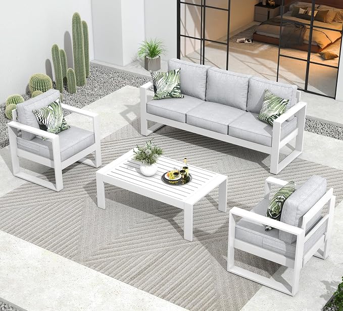 Outdoor Aluminum Furniture Set - 4 Pieces Modern Patio Conversation Sets Metal Sectional Sofa with Coffee Table