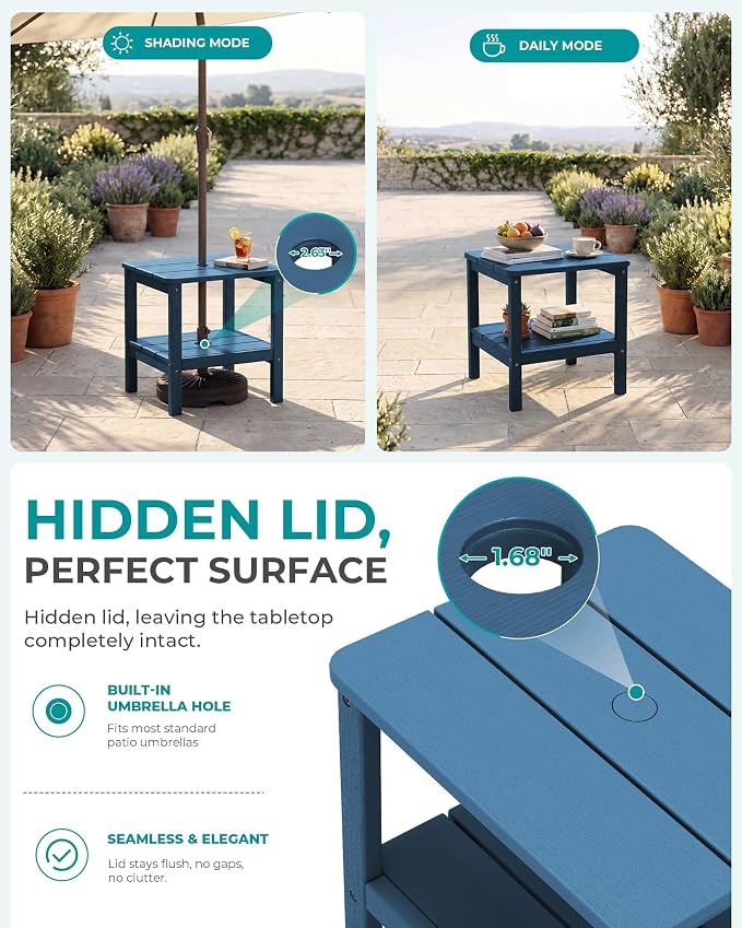 SERWALL Double Layer Adirondack Side Table with Umbrella Hole, HIPS Outdoor Side Table Rectangular End Tables for Patio, Poolside, Garden, Blue