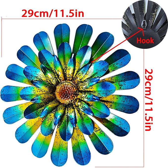 2 Pack Metal Flower Wall Decor, Hand-Painted Farmhouse Hanging Wall Art | 12 inch floral metal wall hanging with built-in hooks. Indoor & outdoor decor, garden farmhouse decoration.