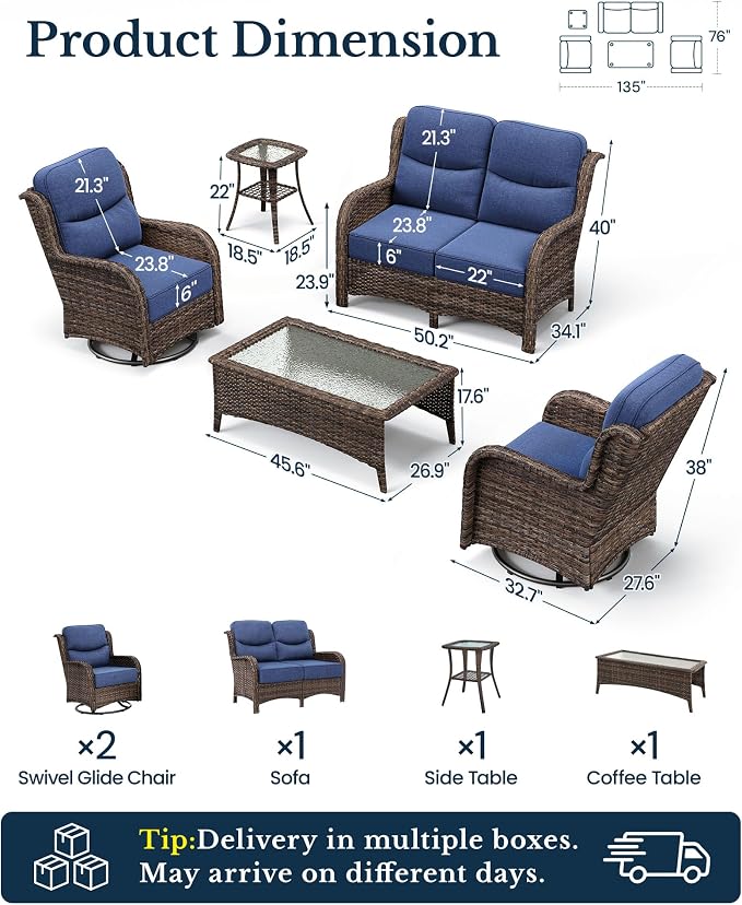 HILLGA Luxury Outdoor Patio Furniture Set with 6-Inch Thick Cushions, High Back Wicker Swivel Rocker Chairs, 5 Pcs All Weather Conversation Set for Large Deck, Yard and Poolside, Blue (V3)