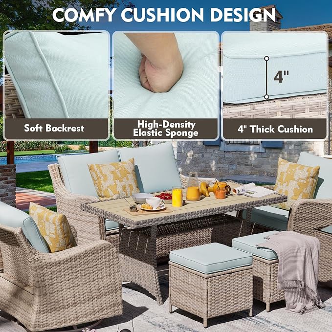 MEISSALIVVE 7 Pieces Outdoor Patio Furniture Set with Swivel Chairs, Wicker Patio Conversation Set, Patio Sectional Furniture Set with with Loveseat, 2 Ottomans and Dining Table (Blue)