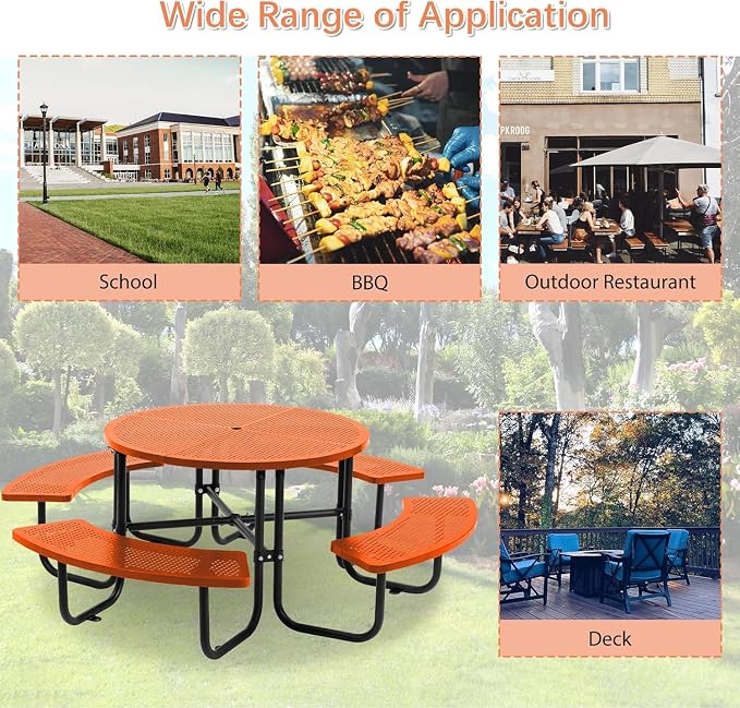 46" Round Metal Picnic Table with Umbrella Hole, Heavy Duty Outdoor Dining Set with Open Air Mesh Top, Stainless Steel Portable Table for Backyard, Patio, Garden - Orange (Orange-Round)