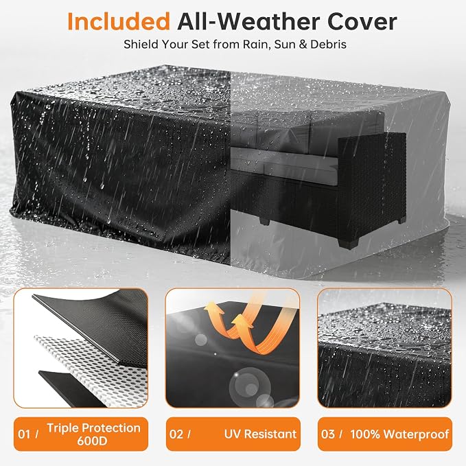 LazySunsets 3-Seater Outdoor Patio Sofa Outdoor Patio Furniture Set, Rattan Outdoor Sectional with Thick Waterproof Cushions, Waterproof Cover, Patio Conversation Set for Garden, Backyard, Grey