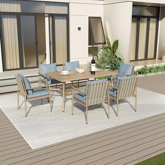 7-Piece Outdoor Dining Set for 6, Aluminum Dining Set with Cushions, 6 Dining Chairs with Rope Backrest, Large Rectangular Table with Umbrella Hole, Patio Dining Set for Lawn Porch Yard,Brown