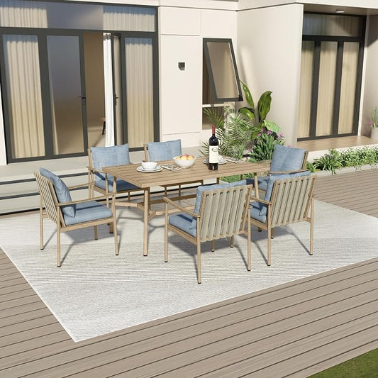 7-Piece Outdoor Dining Set for 6, Aluminum Dining Set with Cushions, 6 Dining Chairs with Rope Backrest, Large Rectangular Table with Umbrella Hole, Patio Dining Set for Lawn Porch Yard,Brown