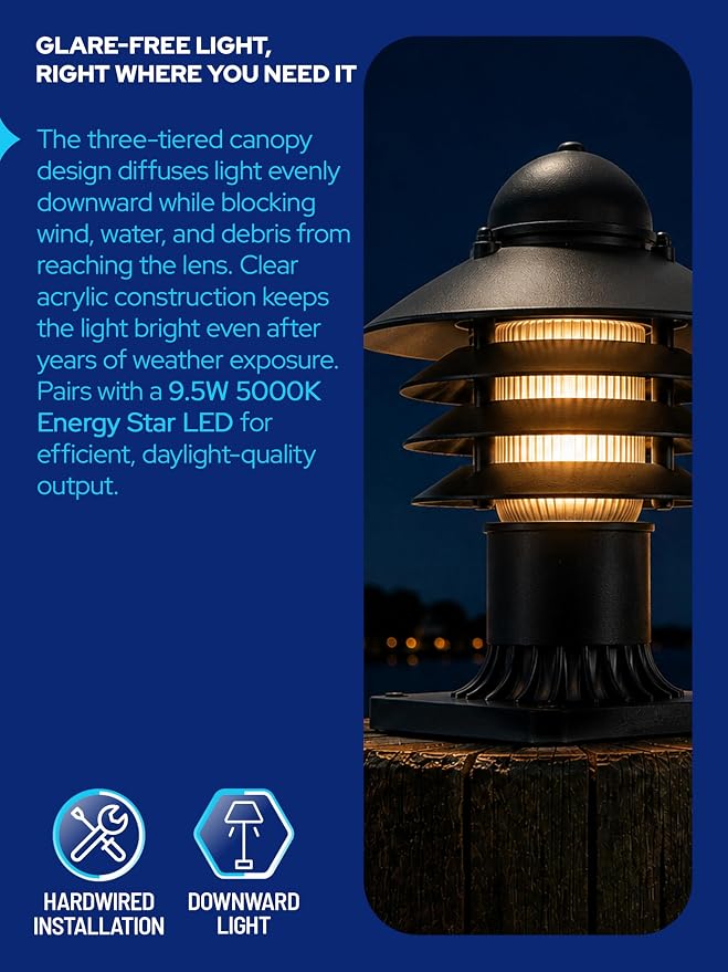 Nautical Pier Mount Outdoor Lighting - Salt-Air Tough Rust-Proof Non-Metallic Coastal Lamps - UL Listed Dock Lights - Patio Fence Deck Porch Lights Outdoor - USA Made, Short, Decorated, Black | Anti-Rust Outdoor Coastal Fixture for Pathways & Walkways,...