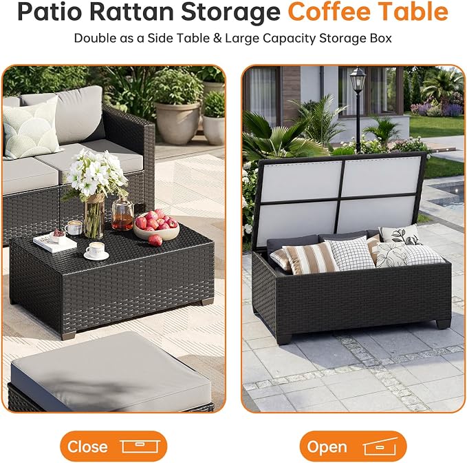 LazySunsets 5-Piece Outdoor Patio Furniture Set, Rattan Outdoor Sectional with Thick Waterproof Cushions, Wicker Ottomans & Waterproof Cover, Patio Conversation Set for Garden, Backyard, Grey