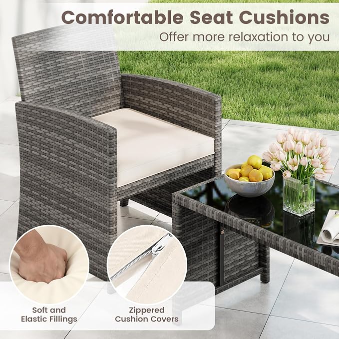 HAPPYGRILL 8 Piece Rattan Wicker Patio Conversation Set, Outdoor Furniture with Chair Loveseat Table & Cushion, for Backyard Porch Balcony (2, Off White)