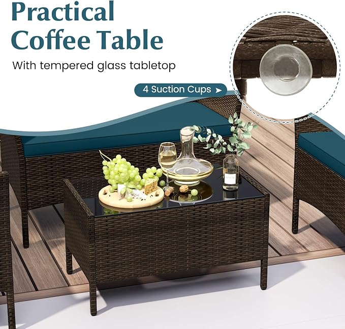 4 Piece Patio Furniture Set, Sectional Conversation Sofa Set with Glass Coffee Table, Cushions & Loveseat, Wicker Outdoor Table and Chairs for Pool, Garden, Deck, Backyard (1, Peacock Blue)