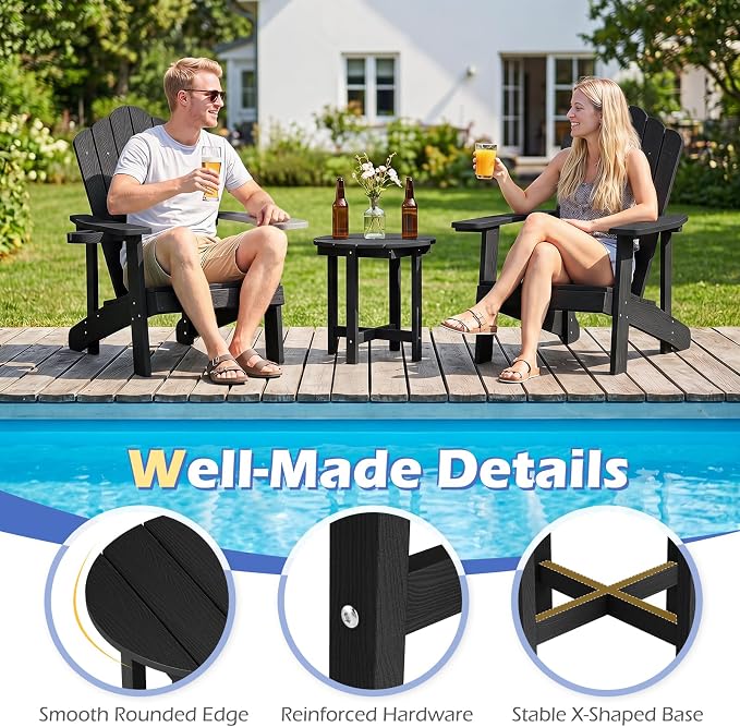 Tangkula Round Outdoor Side Table Set of 2, Adirondack Side Table with Weather-Resistant, Waterproof Top, Small Outside End Table for Patio Deck Pool Porch, Easy Maintenance (Black,2)