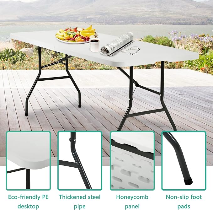 PayLessHere Folding Table Plastic Picnic Table for Parties Wedding Camping Office with Carrying Handle (White, 6 FT)