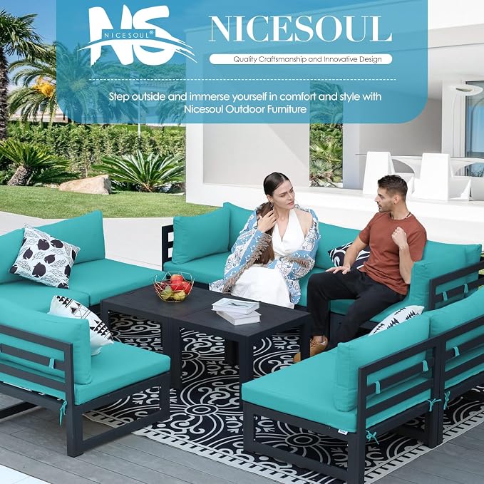 NICESOUL 8 Piece Oversized Modular Aluminum Outdoor Furniture Set, 29" Deep and Wide Sectional Seating, 500 lbs High Weight Capacity Water Resistant Patio Conversation Set for Garden Deck, Turquoise