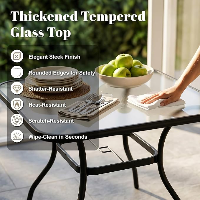 Outdoor Dining Table with Tempered Glass & 1.7" Umbrella Hole, 4 Person Patio Table for Garden Backyard Poolside