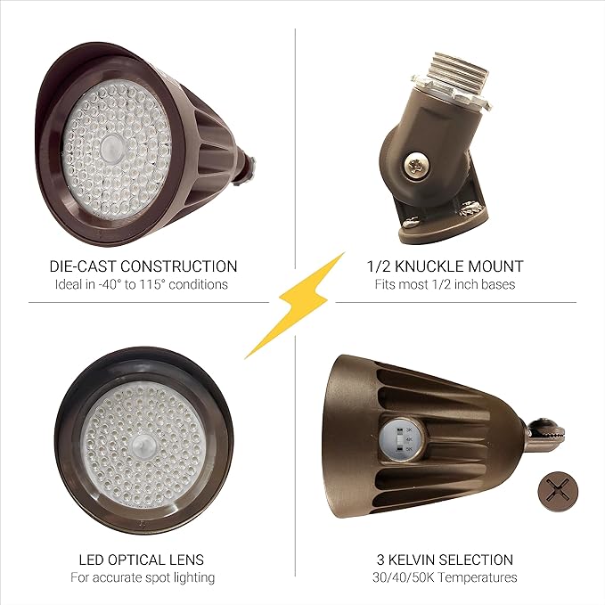 25W Bronze Bullet Spot Light Outdoor LED Landscape Floodlights, 3500 Lumens Bright Outdoor Light for Yard, 3000K/4000K/5000K Selectable, 1/2" Knuckle Mount, 120-277V Waterproof Flag Pole Lights