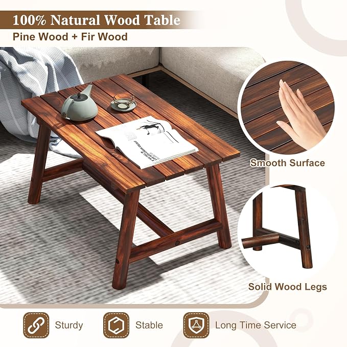 HAPPYGRILL Outdoor Wood Coffee Table, Japanese Floor Low Tea Table with Slatted Tabletop, Rectangle Patio Side End Table for Poolside Garden Living Room