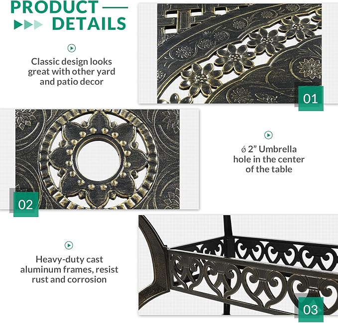 VIVIJASON 7-Piece Patio Furniture Dining Set, All-Weather Cast Aluminum Outdoor Conversation Set, Include 4 Stationary Chairs, 2 Swivel Dining Chairs and a Rectangle Table with 2" Umbrella Hole