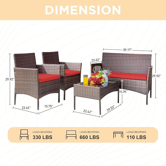 PROHIKER 4 Piece Outdoor Wicker Patio Conversation Furniture Set, Rattan Chair Wicker Sofa Garden Conversation Sets with Cushion and Glass Table for Yard Pool or Backyard, Brown/Red