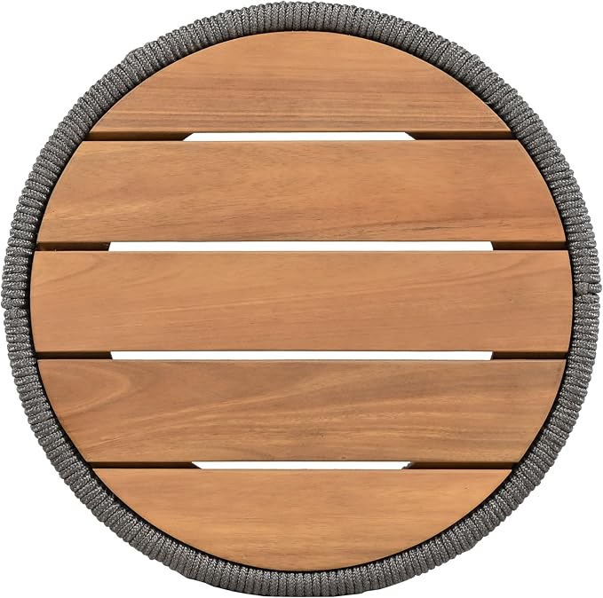 IRONORA Grey Hand-Woven PE Rattan Round Patio Side Table, Solid Acacia Wood Top Hollow Drum Accent End Table, Weather Resistant Coastal Side Table for Backyard Balcony Sunroom Living Room