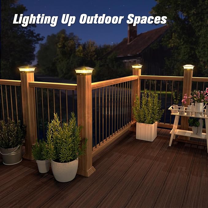 Solar Post Cap Lights Outdoor 6pack, Waterproof Solar Powered Deck Fence Post Lights Fit 4x4 Wood/Vinyl Posts, Black Deck Post Lights with Warm/Cool White for Garden, Patio, Porch, Fence