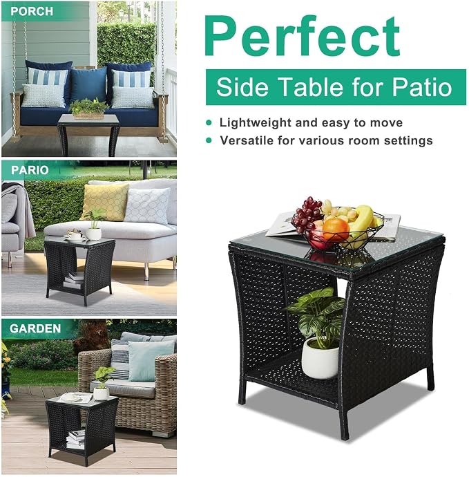 HOMSUPPLIE'S Outdoor Rattan Side Table with Storage, Square Patio Coffee Table w/Tempered Glass Top, Wicker End Table for Porch, Balcony, Poolside & Backyard(Black,Tempered Glass sty.3)