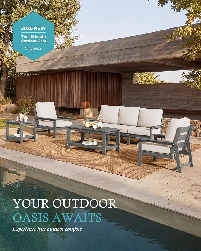 Ciokea Modular Patio Furniture Set with Thicked Cushions, 7Pcs All-Weather Outdoor Conversation Set with Coffee Table & Side Table, Modern Sectional Sofa Set for Deck (Grey Frame/Beige Cushions)