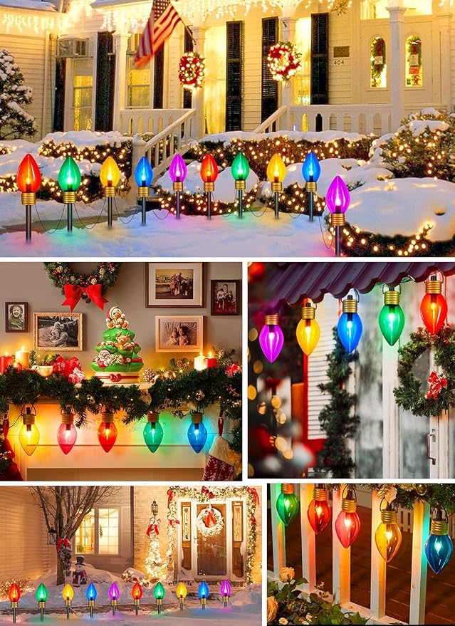 Jumbo C9 Christmas Pathway Lights Outdoor,2Pack Total 17FT C9 Walkway Light | 10 LED Multicolor Bulb Holiday Pathway Light with Marker Stake, Connectable Christmas Lights Outdoor Decoration for Lawn Yard