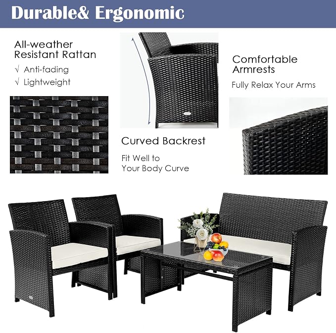 Tangkula 8 Pieces Rattan Furniture Set, Outdoor Conversation Set w/Chair & Loveseat & Tempered Glass Coffee Table, Suitable for Garden, Backyard, Poolside, Patio Furniture Set for 8 (2, White)