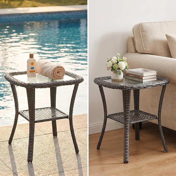 Outdoor Wicker Side Table, Patio End Table with Water-Ripple Tempered Glass Top, Rounded Corners & Floor-Friendly Wrapped Legs, Small Coffee Table for Covered Deck, Balcony, Small Living Room