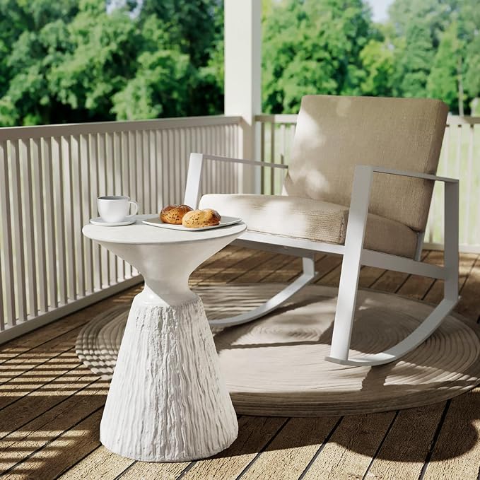 SUNBURY Outdoor Side Table, Concrete End Table Mushroom Shaped, Round Outdoor Accent Table Marble Planter Stand, Decorative Garden Stool for Patio, Porch, Living Room, White