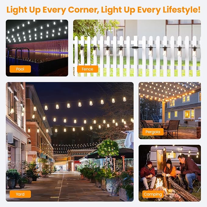 Kawaya Outdoor String Lights for Patio - ST38 Outside IP65 Waterproof Hanging Light with 2700k~6000k Dimmable - 100FT Led Edison Lights for Cafe Bistro Yard Gazebo Porch