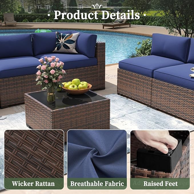 Aoxun 7 Piece Patio Furniture Set Wicker Rattan Patio Conversation Set Outdoor Sectional Sofa Set with Coffee Table and Thickened Cushions, Blue