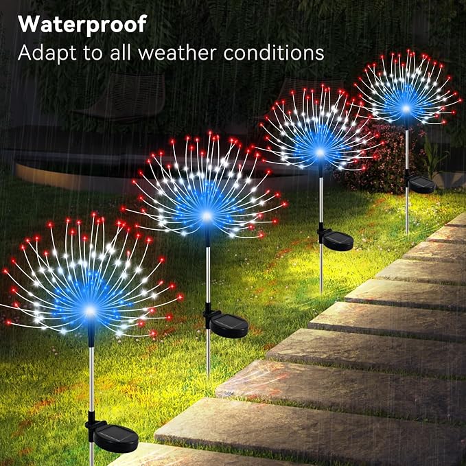 Slyuexu Solar Garden Lights Outdoor Waterproof, 2 Pack 120 LED Solar Firework Lights Decorative Garden Décor Outside for Flowerbed Pathway Party Christmas Decoration, 4th of July Decor, Multicolor