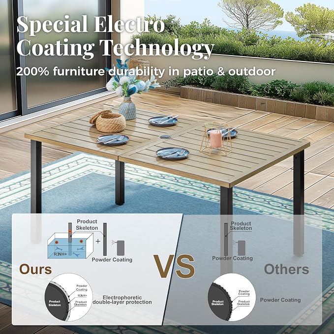 MIXPATIO Outdoor Patio Dining Table for 6, 60" x 36" Rectangular Metal Patio Dining Table with Umbrella Hole and Wood-Like Tabletop, All Weather Wrought Iron Outdoor Table for Backyard and Porch