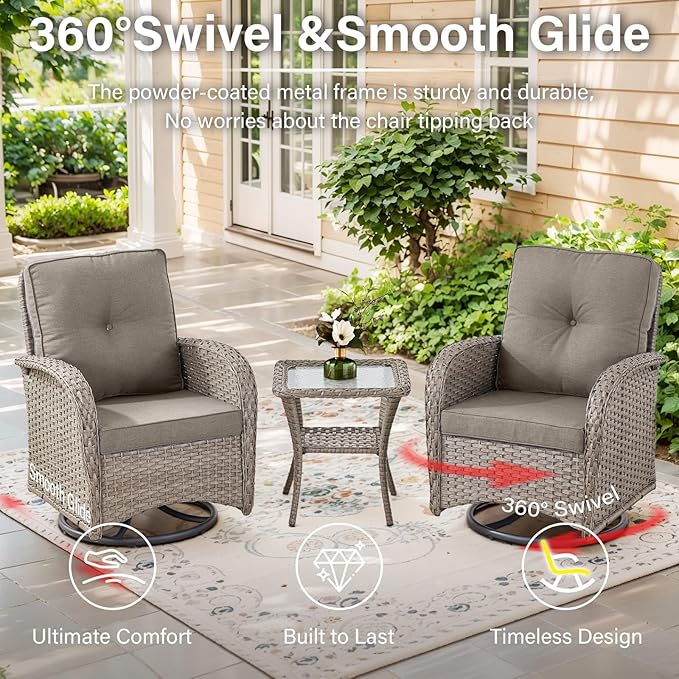 Belord 5 Piece Swivel Rocker Glider Outdoor Chairs Set of 2 with Ottoman and Glass Side Table Patio Bistro Furniture Set, Comfort High Back Wicker Patio Conversation Set for Deck Porch Sunroom