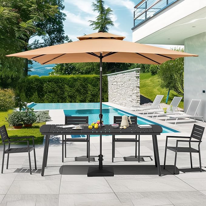 82" Outdoor Dining Table for 8 Aluminum Patio Table | Rectangle Black Table with Umbrella Hole and Wood Grain Tabletop for Lawn Backyard Garden
