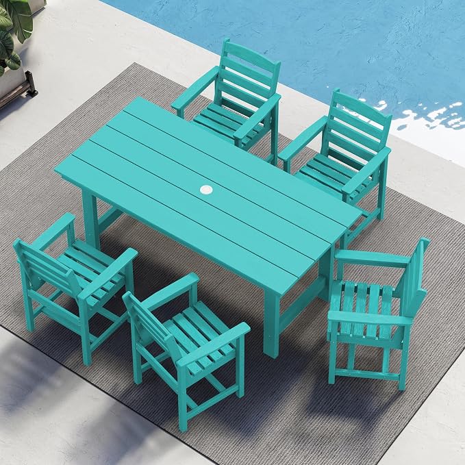 SERWALL 5 Pcs HDPE Patio Dining Set w/Umbrella Hole Table & 4 Chairs, Aruba | HDPE Outdoor Dining Set with Rectangular Table & 4 Chairs, All-Weather Patio Dining Furniture