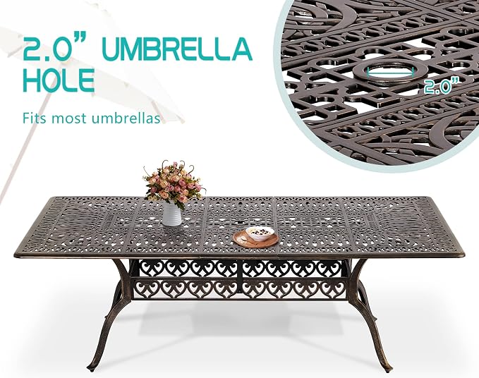 TITIMO 9-Piece Cast Aluminum Patio Furniture Set, Outdoor Patio Dining Set Bistro Conversation Set, Rectangular Dining Table Set w/Cushions Umbrella Hole (Khaki-Fixed Grid Chair, 9 Pcs)