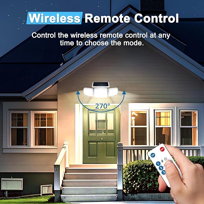 JEJOT White Solar Security Light Outdoor Super Bright LED, Motion Sensor Solar Flood Light, 3 Heads 270° Wide Angle, Remote Control,IP65 Waterproof, 3 Modes (4 Packs)