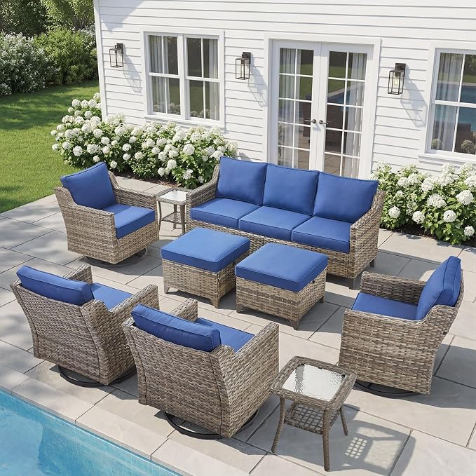 Belord Patio Wicker Swivel Rocker Patio Chairs with 3-Seater Sofa, Outdoor Rattan Chairs for Deck Porch Poolside, 9 Piece Patio Conversation Furniture Set,Blue
