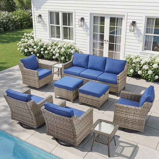 Belord Patio Wicker Swivel Rocker Patio Chairs with 3-Seater Sofa, Outdoor Rattan Chairs for Deck Porch Poolside, 9 Piece Patio Conversation Furniture Set,Blue