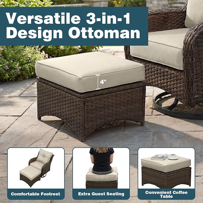 Patio Furniture Set, 12PCS Outdoor Wicker Conversation Set with 6" Thick Cushions, High Back Rattan Sofa & Swivel Rocker Chairs, Weather Resistant Olefin Fabric for Garden, Poolside, Beige
